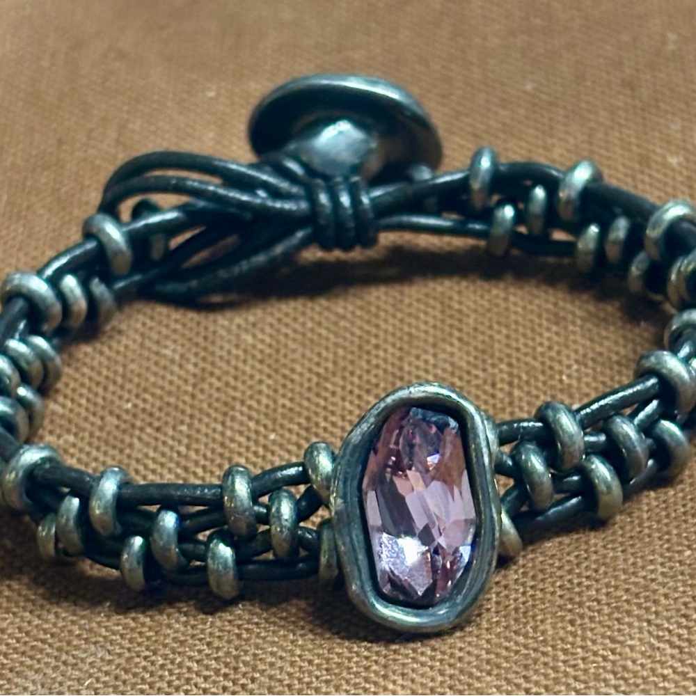 Sophisticated Brown leather,  Pink Swarovski Crystal Bracelet - 7 in